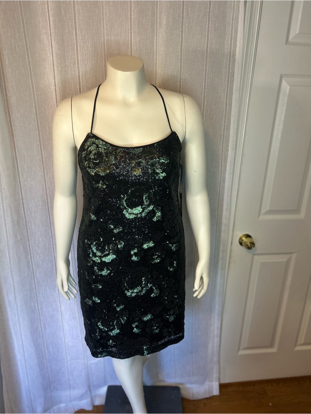Black Sequin Slip Dress with Iridescent Green Accents. New with tags